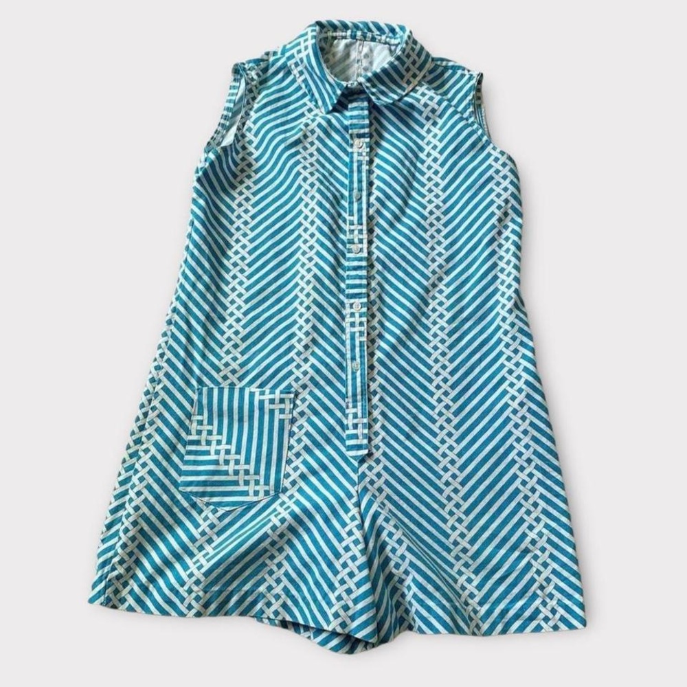 Vintage 60s Blue & White Geometric Weave Print Sleeveless Romper